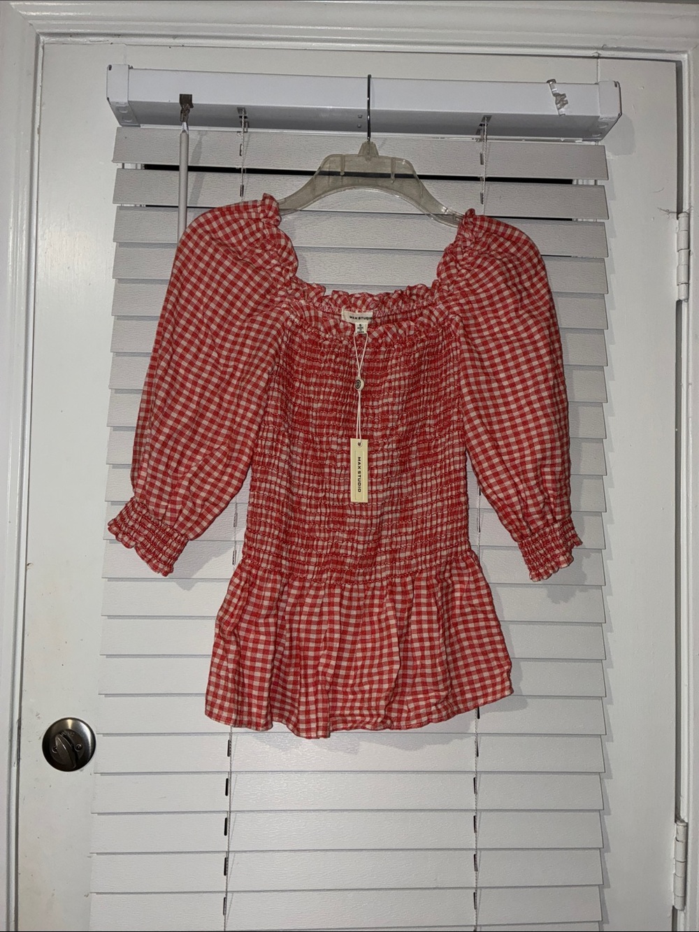Max Studio Red Gingham Smocked Peasant Top